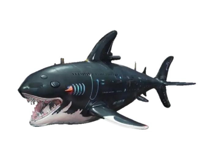 Create a chrono-trigger style orca-shaped submarine shooting a torpedo.… 3D model, vytvořený pomocí AI