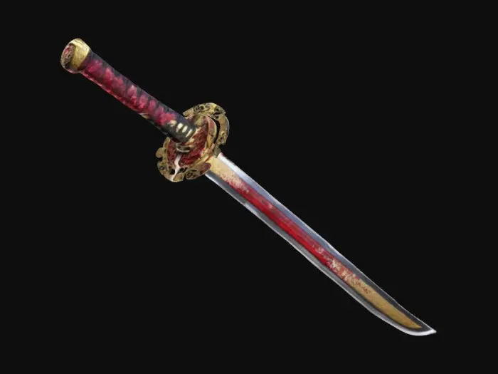 3D model for An astonishing ruby Zanpakutō katana sword, shining metallic gold outline. The blade is made of transparent ruby composite. 8k ultra-poly details.