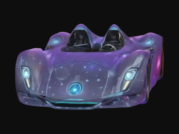 3D model for Ultra-poly, Auto-dual, race-behicle, concept-vehicle, epic paint job, pristine lines and curves. Perfect model, masterpiece, tiny space sparkle glitter, empty no driver or passenger. 8k details, digital LED headlights, Steve Jackson Games, Car-Wars.