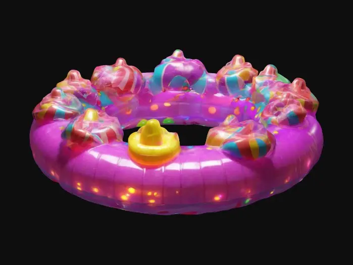 3D model for A vastly superior large pool-toy, a stylized totally unique lit candy-themed pool-float. Made of high quality material, 8k textures. Medium-poly model,  with RGB LED lights at night.