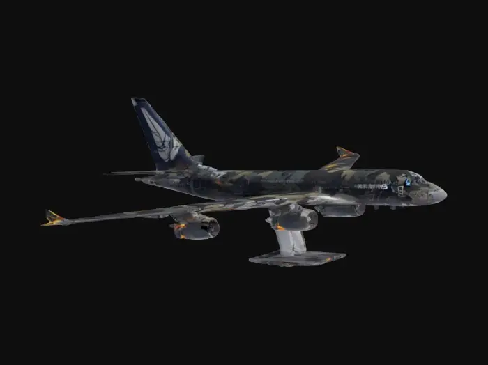 3D model for A high-detailed game-figure, on a stand, of an Airbus A-380 as a “Strategic Air Command” aircraft, with afterburners ablaze, nightmare-black color-scheme, 8K model-details. #game figure#