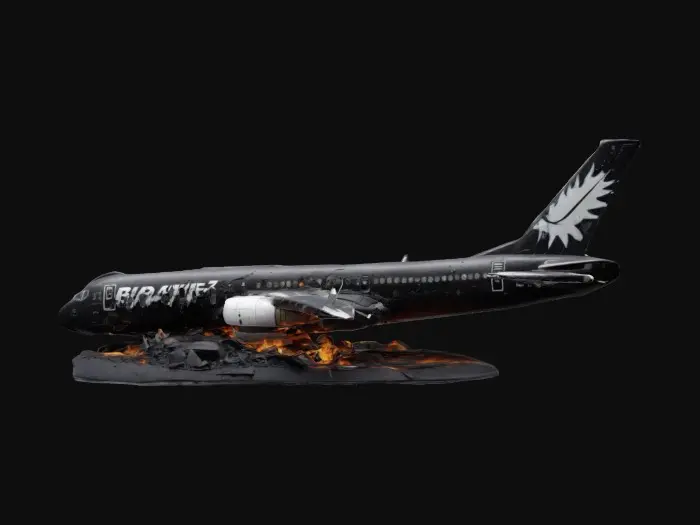 3D model for A high-detailed playset diaroma of a crashed Boeing 757 aircraft, military, nightmare-black color-scheme, 8K model-details. #game figure#
