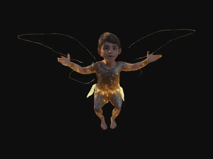 3D model for A 1-meter figure of an airborne cute boy little twinkling glitter male fairy burning in the sun rays. 8K textures. NVIDIA. #fairy#