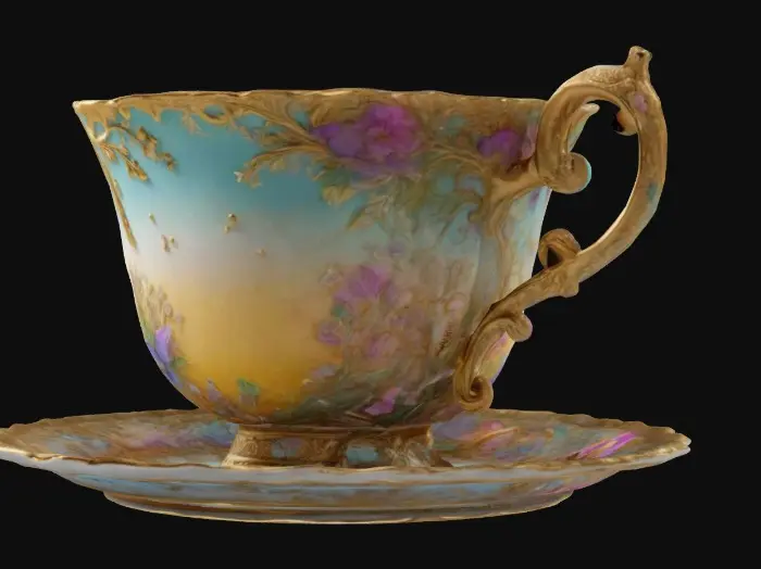 3D model for A colorful Bridgerton theme intricate teacup. 8K Detail, artistic masterpiece. Royal, regal, gold, porcelain, #fairy#