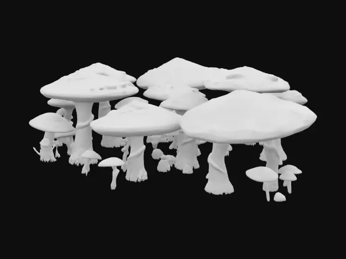 3D model for A high-poly mushroom garden, with alien Cordyceps plants intermixed among the shrooms. rotten decayed, sparkling spore dust. 8K details. 10 meters tall. Excellent lighting. #garden#