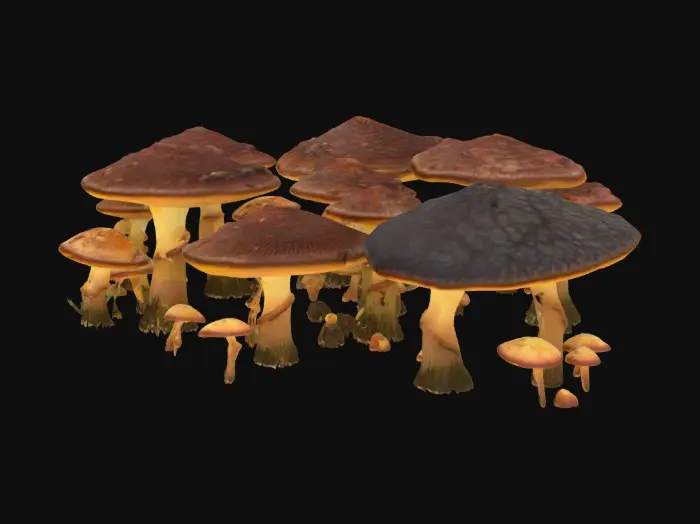 3D model for A high-poly mushroom garden, with alien Cordyceps plants intermixed among the shrooms. rotten decayed, sparkling spore dust. 8K details. 10 meters tall. Excellent lighting. #garden#