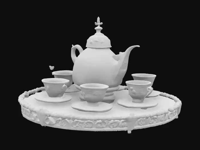 3D model for A colorful Bridgerton theme intricate teacup-ride. 8K Detail, artistic masterpiece. Royal, regal, flower-garden, porcelain, bisque, #garden#