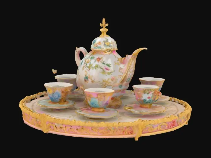 3D model for A colorful Bridgerton theme intricate teacup-ride. 8K Detail, artistic masterpiece. Royal, regal, flower-garden, porcelain, bisque, #garden#