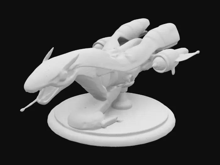 3D model for A 2-meter life-size model of a polished Battlestar Galactica colonial viper, tabletop miniature fighter-craft, Star Fleet Battles, game miniature, made of silver glass and painted for Christmas. NVIDIA volumetric lighting, engine glow, on a gold wizkids heroclix base, deeply carved details. #ChristmasAdventure#