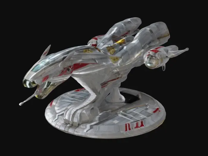 3D model for A 2-meter life-size model of a polished Battlestar Galactica colonial viper, tabletop miniature fighter-craft, Star Fleet Battles, game miniature, made of silver glass and painted for Christmas. NVIDIA volumetric lighting, engine glow, on a gold wizkids heroclix base, deeply carved details. #ChristmasAdventure#