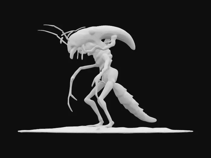 3D model for Create a humanoid cockroach creature combined with a xenomorph-alien covered in thin cloudy water. Aliencore, futurecore. Grotesque biotech, leaking black blood. Standing in goop. 8k NVIDIA textures, Unity engine, game-ready, stylized and articulate.