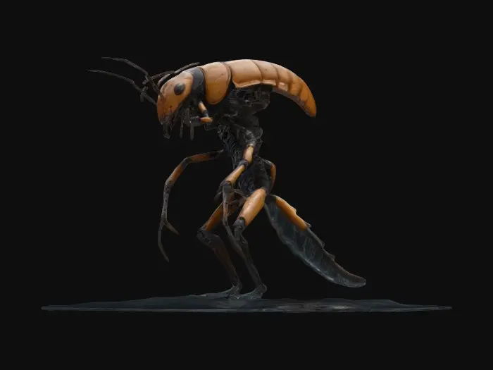 3D model for Create a humanoid cockroach creature combined with a xenomorph-alien covered in thin cloudy water. Aliencore, futurecore. Grotesque biotech, leaking black blood. Standing in goop. 8k NVIDIA textures, Unity engine, game-ready, stylized and articulate.