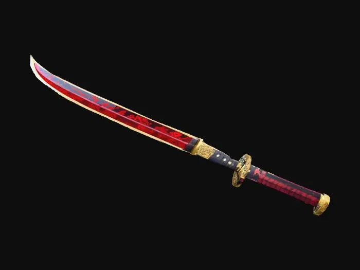 3D model for An astonishing ruby Zanpakutō katana sword, shining metallic gold outline. The blade is made of transparent ruby composite. 8k ultra-poly details.