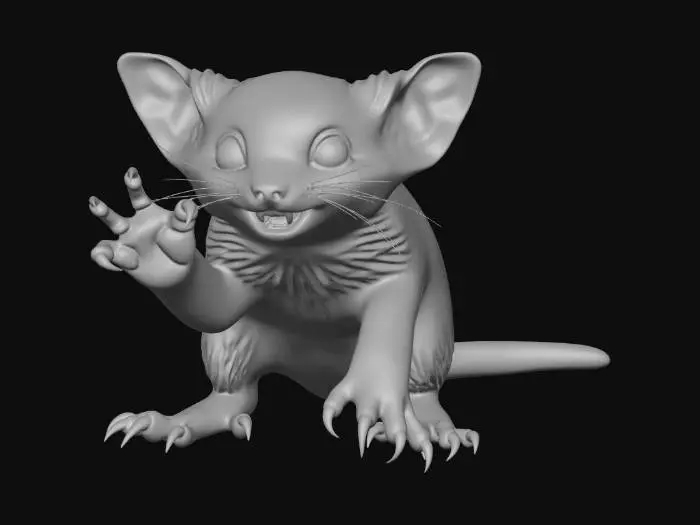 3D model for A cute but evil ferret gremlin. big front paws with sharp claws, cute face details with sharp teeth. 8k fur details. long cute body and tail.
