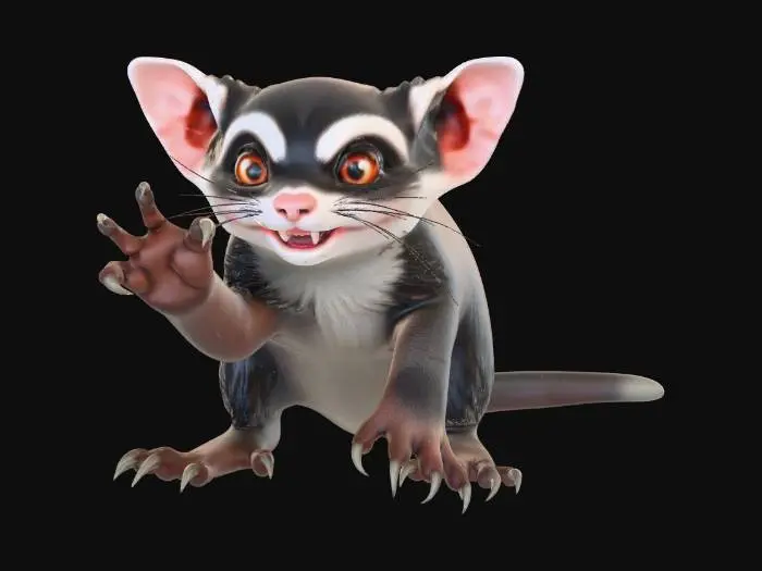 3D model for A cute but evil ferret gremlin. big front paws with sharp claws, cute face details with sharp teeth. 8k fur details. long cute body and tail.