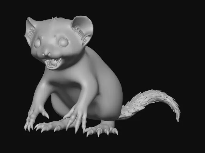 3D model for A cute but evil ferret gremlin. big front paws with sharp claws, cute face details with sharp teeth. 8k fur details. long cute body and tail.