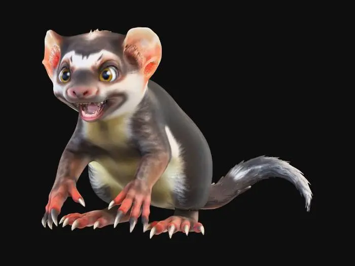 3D model for A cute but evil ferret gremlin. big front paws with sharp claws, cute face details with sharp teeth. 8k fur details. long cute body and tail.