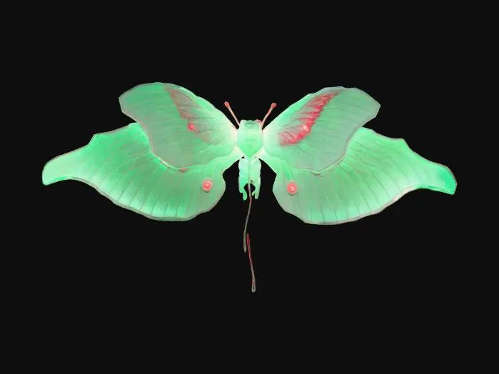 3D model for A 10-meter Luna Moth Atlas moth hybrid, made of intricate ornately crafted ice. Mostly glow in the dark green, with some red, LED light structure.
