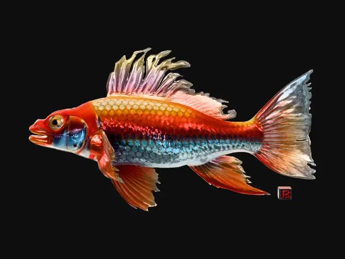 3D model for An intricate model of an Asian Arowana, NVIDIA OptiX, Daz3D, deeply carved detail, highest quality, highest resolution, insane detailed, zbrush, v-ray, Meshy masterpiece, prize winning, computerized fiber-optic lighting.