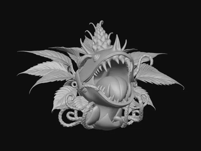 3D model for a high-poly valuable porcelain sculpt of a vicious hybrid carnivorous plant crossed with a marijuana plant. professional monstershop quality.