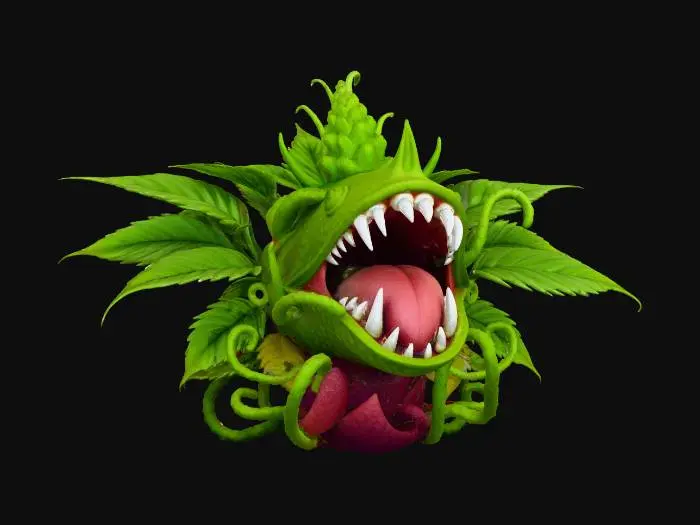 3D model for a high-poly valuable porcelain sculpt of a vicious hybrid carnivorous plant crossed with a marijuana plant. professional monstershop quality.