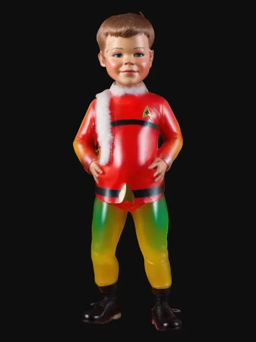 3D model for Life-size, Full Body, Symmetrical Body, Sci-Fi, stylized, yaoi character of Captain James T Kirk played by William Shatner as a child, dressed for Christmas. Made of well-lit candy color glass. #ChristmasAdventure#