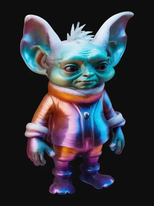 3D model for Life-size, Full Body, Symmetrical Body, Sci-Fi, stylized, yaoi, shota character of a Ferengi boy child, Winter Solstice. Made of well-lit candy color glass. #ChristmasAdventure#