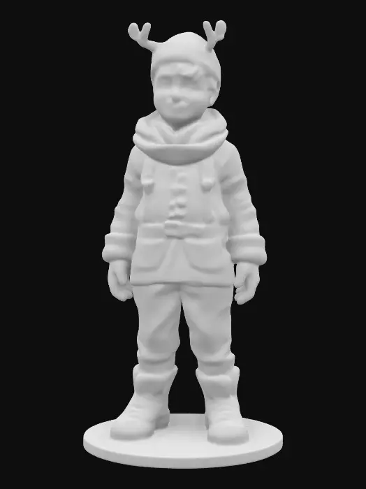 3D model for Life-size, Full Body, Symmetrical Body, Sci-Fi, stylized, yaoi shota, Battlestar Galactica  character of Starbuck played by Dirk Benedict as a boy child, dressed for solstice. Made of crafted high detail white chocolate. #ChristmasAdventure#