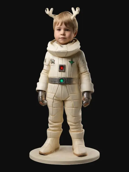 3D model for Life-size, Full Body, Symmetrical Body, Sci-Fi, stylized, yaoi shota, Battlestar Galactica  character of Starbuck played by Dirk Benedict as a boy child, dressed for solstice. Made of crafted high detail white chocolate. #ChristmasAdventure#