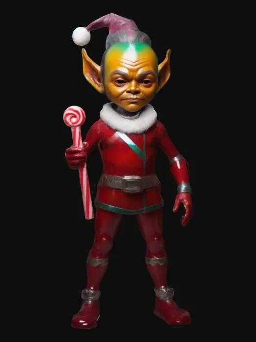 3D model for Life-size, Full Body, Symmetrical Body, Sci-Fi, stylized, yaoi, shots character of Worf as a Klingon child, dressed for Christmas. Made of well-lit candy color glass. #ChristmasAdventure#