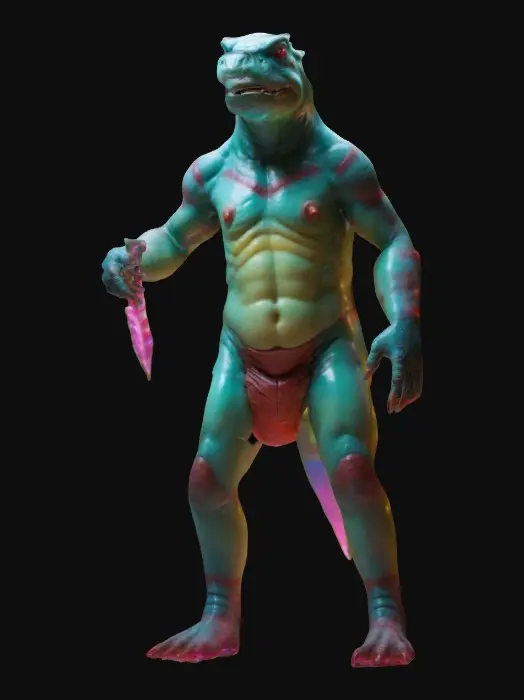 3D model for Life-size, Full Body, Symmetrical Body, Sci-Fi, stylized, yaoi, shots character of a Gorn warrior as a boy child, dressed for Christmas. Made of well-lit candy color glass. #ChristmasAdventure#
