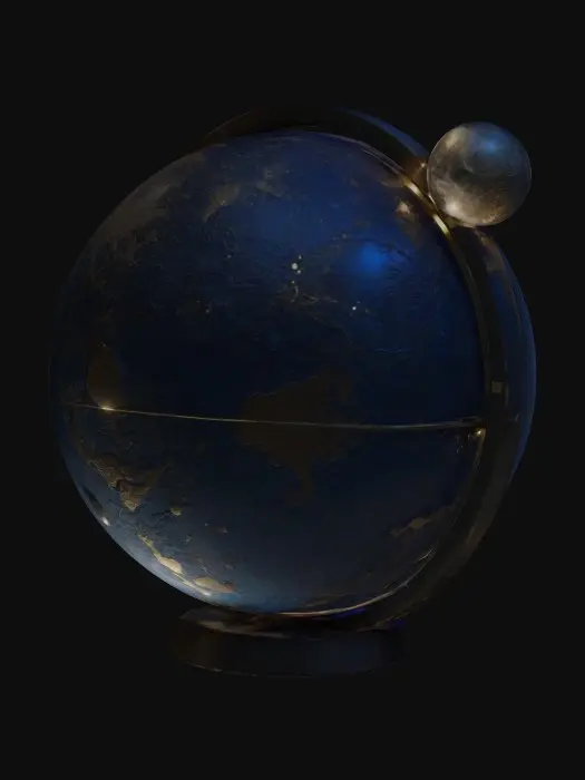 3D model for A 2meter life-size detailed Earth and Moon orrery made of intricate crafted glass, use 2k surface textures and topography, deeply carved details, master craftsmanship, discretionary Christmas decoration, well lit, outside, center of the park, 4k, NVIDIA volumetric lighting. #ChristmasAdventure#