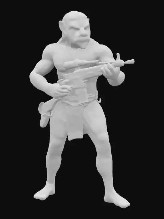 3D model for A male character, nude, naked, rustborne, planet of the apes, general. With a rifle. 8k highly detailed features.