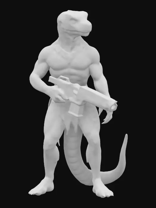 3D model for A male character, nude, naked, rustborne, humanoid snake chupacabra, soldier with a weapon, 8k highly detailed features. Naked snake alien with ornate patterns in his scales.