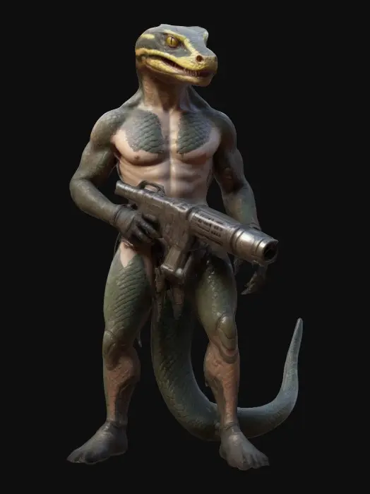 3D model for A male character, nude, naked, rustborne, humanoid snake chupacabra, soldier with a weapon, 8k highly detailed features. Naked snake alien with ornate patterns in his scales.