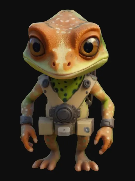 3D model for Low-poly, cartoon, A male character, nude, naked, rustborne industrialpunk, humanoid gecko, 8k highly detailed features. Naked unusual patterns, intelligence officer.