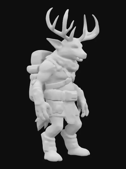 3D model for Low-poly masterpiece, cartoon perfection, A male character, nude, naked, rustborne industrialpunk, humanoid cervid, scout, 8k highly detailed features. Naked except fur and gear.