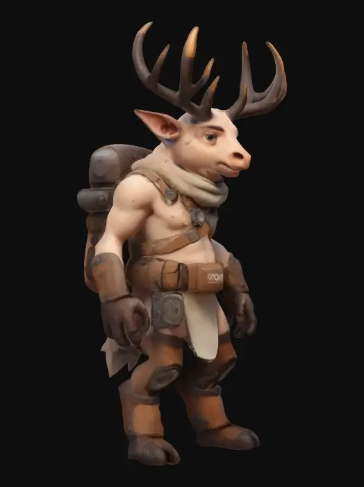3D model for Low-poly masterpiece, cartoon perfection, A male character, nude, naked, rustborne industrialpunk, humanoid cervid, scout, 8k highly detailed features. Naked except fur and gear.