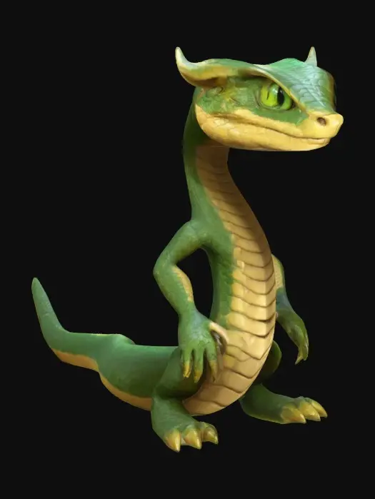 3D model for Medium-poly, cartoon masterpiece, A male Chrono-forge character, rustborne, humanoid reptilian cobra, Admiral. 8k highly detailed features. Green to gold color-shifting scales. Sparkling scales. Evil eyes.