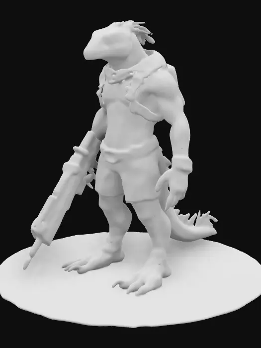 3D model for A male character, nude, naked, rustborne industrialpunk, humanoid gecko, soldier with a weapon, 8k highly detailed features. Naked unusual patterns, intelligence officer.