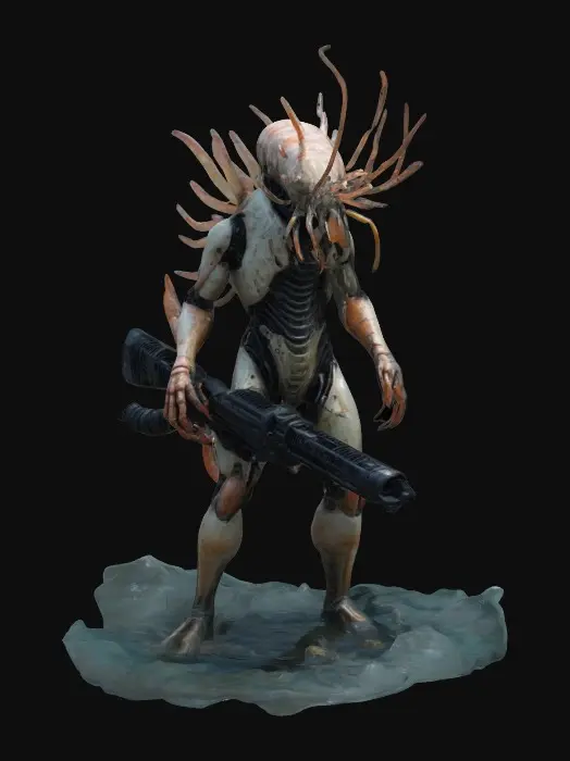 3D model for Create a prawn alien creature from the movie “District 9”, covered in thin cloudy water and holding an advanced weapon from his planet. Aliencore, futurecore, cybercore. 8k NVIDIA textures, Unity engine, game-ready, stylized and articulate. #ChronoForgeWeapon#