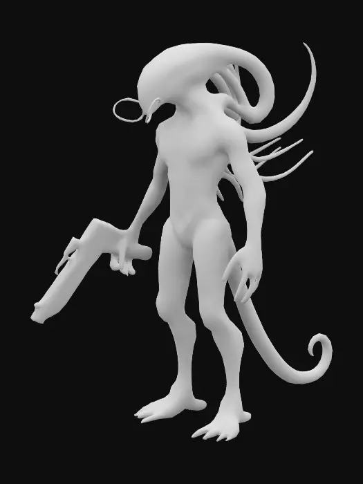 3D model for Create a prawn alien creature from the movie “District 9”, covered in thin cloudy translucent slime and holding an advanced weapon from his planet. Aliencore, futurecore, cybercore. 8k NVIDIA textures, Unity engine, game-ready, stylized and articulate. #ChronoForgeWeapon#