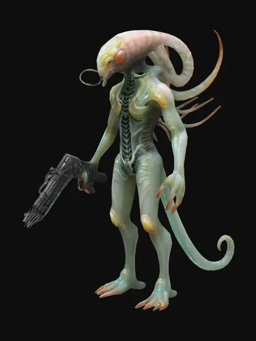 3D model for Create a prawn alien creature from the movie “District 9”, covered in thin cloudy translucent slime and holding an advanced weapon from his planet. Aliencore, futurecore, cybercore. 8k NVIDIA textures, Unity engine, game-ready, stylized and articulate. #ChronoForgeWeapon#