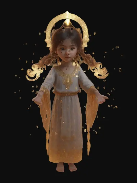3D model for Sonmi-451 as a little-girl. Little 6yo goddess. Sparks and rays surround her. 8k textures, highly detailed face. Beautiful hands and feet.
