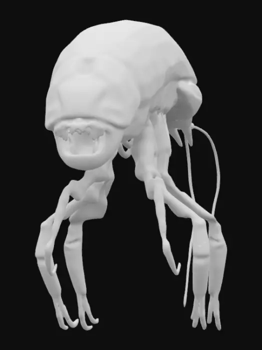3D model for Create a prawn alien creature from the movie “District 9”, combined with a xenomorph covered in thin cloudy water. Aliencore, futurecore, cybercore. Grotesque biotech, leaking black blood. Standing in goop. 8k NVIDIA textures, Unity engine, game-ready, stylized and articulate. #ChronoForgeWeapon#