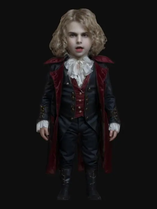 3D model for Tom Cruise as Lestat as a boy or any other a-list child acter as a vampire character from “Interview with a Vampire” as an age-regressed boy child. 1800’s New Orleans aristocrats, 8k, a cute boy child as a stylized vampire.