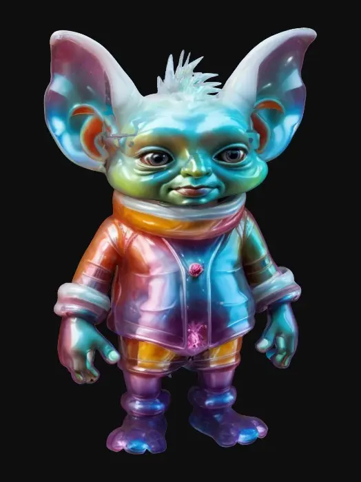 3D model for Life-size, Full Body, Symmetrical Body, Sci-Fi, stylized, yaoi, shota character of a Ferengi boy child, Winter Solstice. Made of well-lit candy color glass. #ChristmasAdventure#