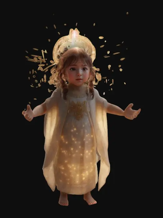 3D model for Sonmi-451 as a little-girl. Little 6yo goddess. Sparks and rays surround her. 8k textures, highly detailed face. Beautiful hands and feet.