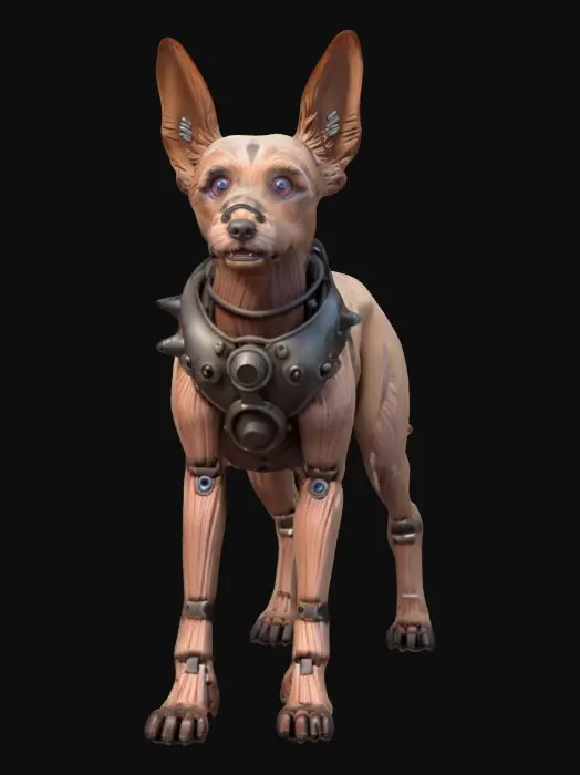 3D model for A male character, nude, naked, rustborne industrialpunk, humanoid small breed dog, command personnel, 8k highly detailed features. Naked except fur.