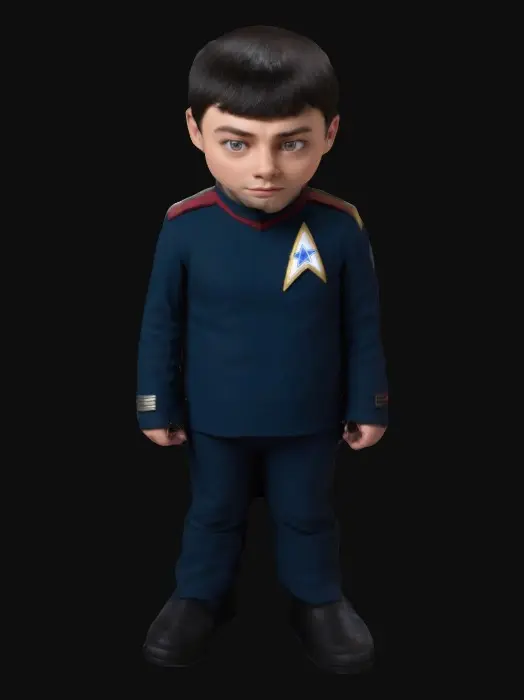 3D model for a random a-list male character from “Big Bang Theory” as an age-regressed boy. 8k, wearing a stylized Star-Trek Uniform.